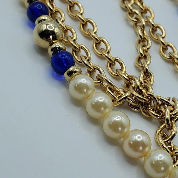 Cobalt Blue Cream Beaded Necklace Multi Strand‎ Gold Tone Statement Elegant - Picture 5 of 9